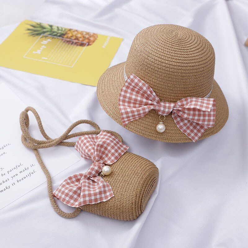 Sombrero de paja de princesa con flores para bebé, sombrero de paja con bolsa de mano, visera de Sol para niño y niña, protección UV, Sombrero de Panamá con lazo: 001