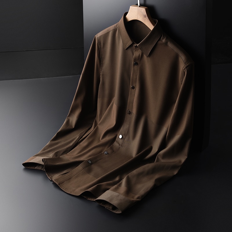 Minglu forår og efterår herre kjole skjorte luksus silkeagtig stof skjorte plus størrelse 4xl slanke kaffe herre skjorter