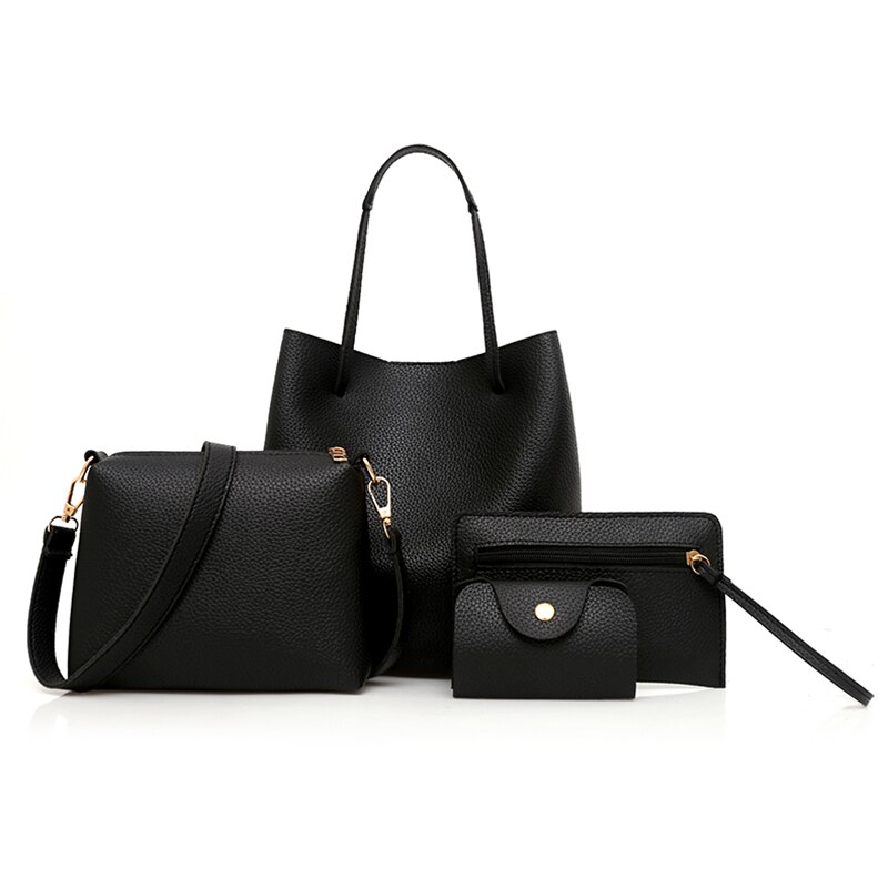 4PCs/set Women's Bag Solid Shoulder Bag Top-Handle Big Capacity Female Handbag Shoulder Bag Ladies PU Crossbody: Black