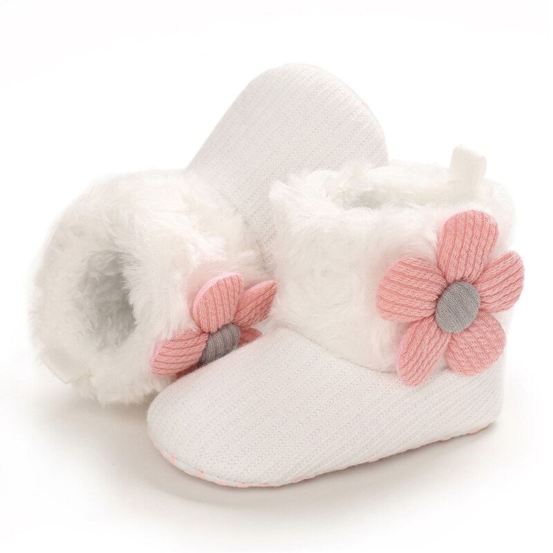 Kleine Baby Snowboots Zachte Faux Fur Knit Bloem Booties Anti-Slip Baby Prewalkers: WHITE / 11