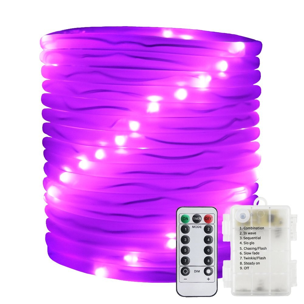 Afstandsbediening en timer batterij touwverlichting 5m 10m waterdichte led touwbuis lichtslingers voor binnen en buiten kerst bruiloft tuin: Paars  / 10m 100 leds