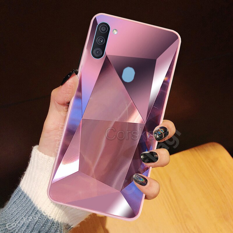 A11 caso de diamante glitter para samsung galaxy a11 moda brilhante espelho triângulo losango capa: Pink