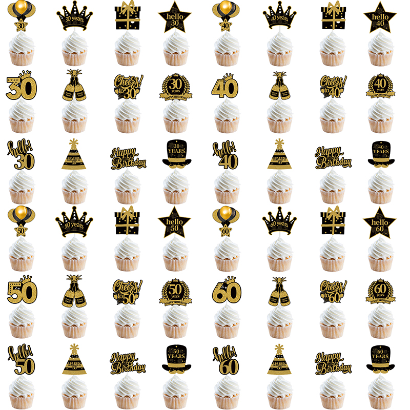 30 40 50 60 Years Old Cupcake Toppers Black Gold Cake Picks Adult Birthday Anniversary 30th 40th 50th 60th Birthday Cake Decor