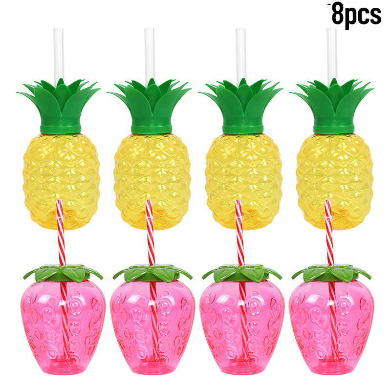 Vasos de piña de plástico con pajita y fresa para beber, 8 piezas, Hawaiano, Luau, decoración de Tropical, suministros de cumpleaños de playa de verano: Color zafiro profundo