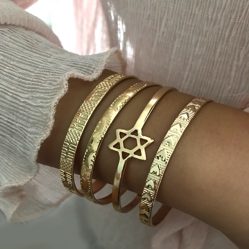 8 Pcs/4Pcs/2 Stks/set Retro Vrouwen Armbanden Set Mode Sterren Hart Patroon Gold Opening Manchet Armband bohemian Lady Sieraden: 3