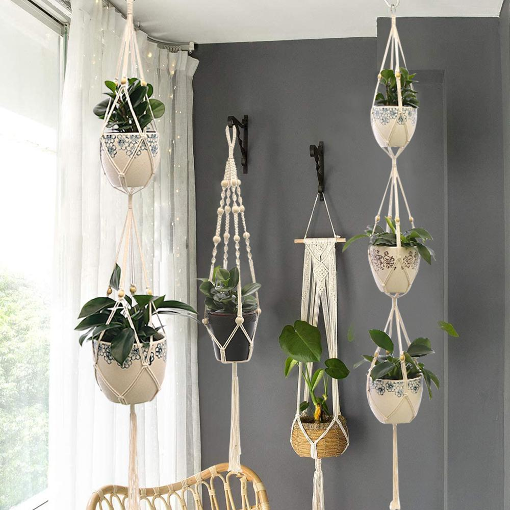Handmade Cotton Macrame Plant Hanger Flower Pot Hanger for Wall Decoration Courtyard Garden Hanging Planter Hanging Basket