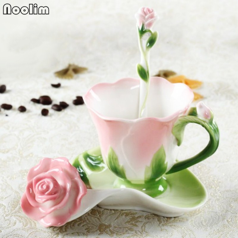 NOOLIM 3D Rose Coffee Cup Enamel Tea Cup Set With Spoon Saucer Cups Ceramic European Bone China Drinkware: Pink