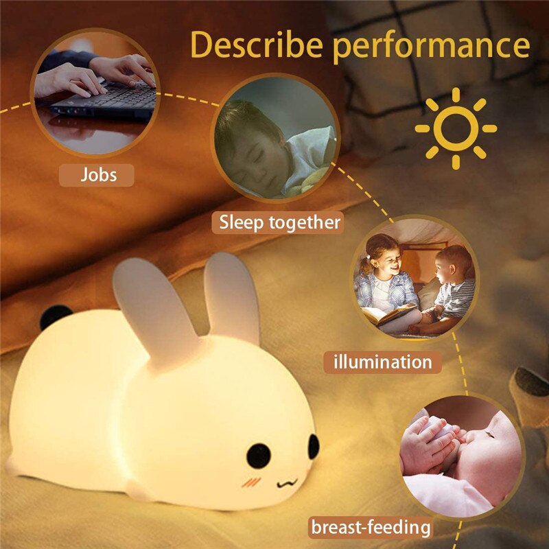 Cute Silicone Rabbit Touch Sensor Lamp Panda Light Toys for Kids Rechargeable Led Night Light Lamp Baby Sleeping Toy Bedroom