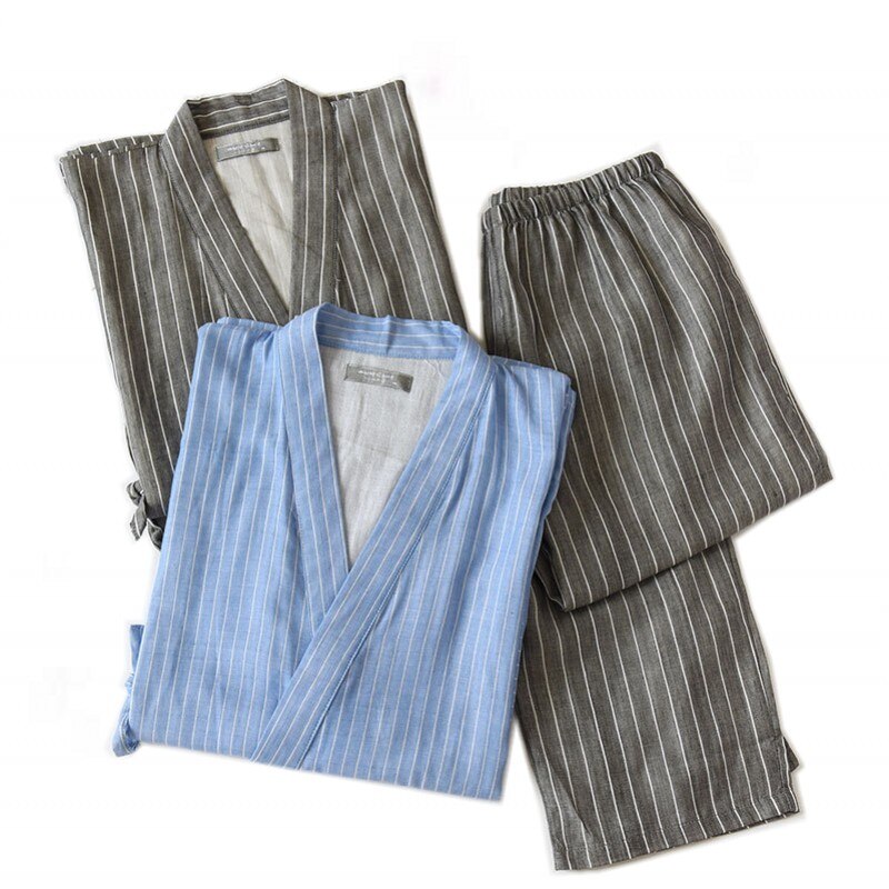 Plus Size Japanse Pyjama Sets Heren Gestreepte P Mannelijke 100% Katoen Spa Robe Sets Voor Mannelijke Boxer Kimono Robes Mannen thuis Hombre