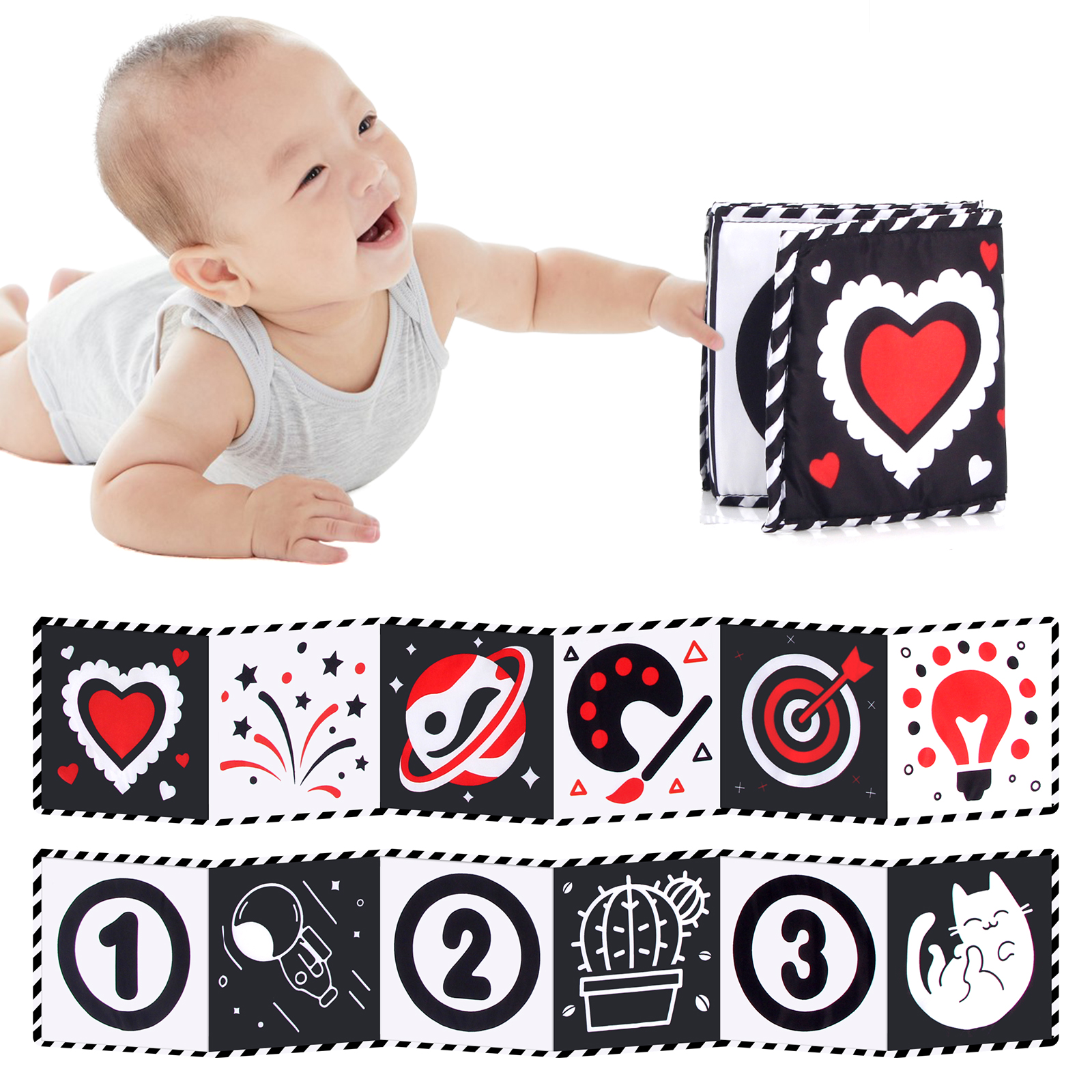 Libro de tela sensorial, juguetes para bebés de alto contraste de 0 a 12 meses, juguetes para cuna para recién nacidos, libros de tela de animales en blanco y negro, libro para bebés Montessori: Castaño