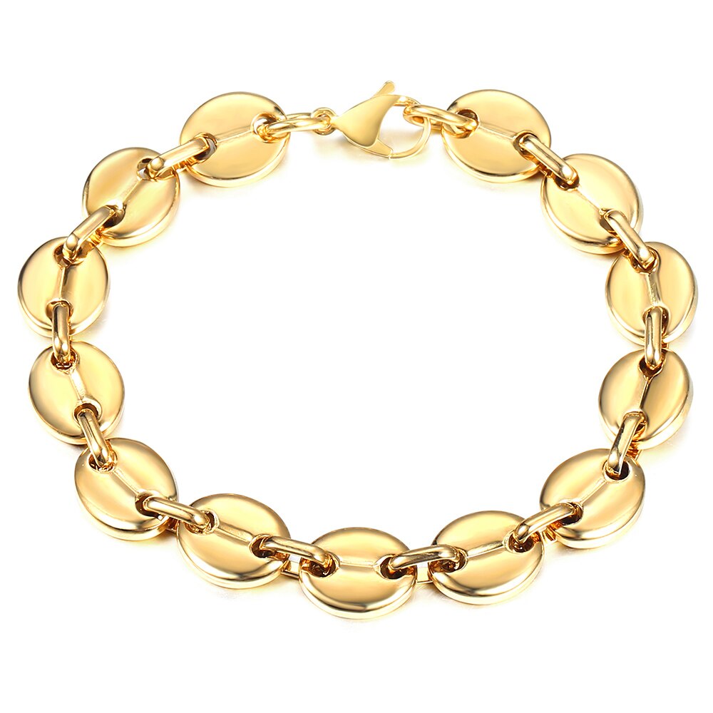 7/9/11mm Stainless Steel Coffee Beans Marina Link Chain Bracelet for Men Women Gold Silver Color Jewelry US Stock HKBM169: 11mm Gold / 9inch 23cm