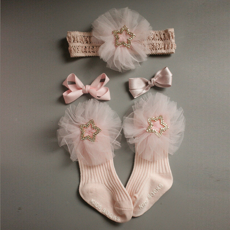 Newborn Baby Socks Headband Set Toddler Kids Crib Ankle Socks Hair Band Bow Hair Clip Set Princess Cute Lovely
