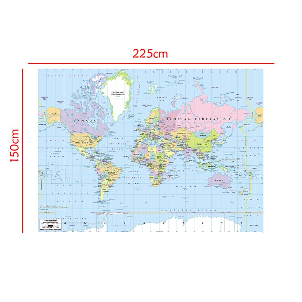 150X225Cm Wereldkaart Mercator Projectie Met Rivier Bijschrift Niet-geweven Non-Geur Wereldkaart Zonder nationale Vlag