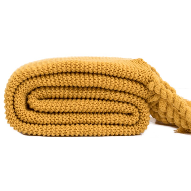 Manta de hilo de tiro con borla para cama, sofá a cuadros para viajes, avión, Mantas para la siesta, tapiz de pared lisa, cubrecama, Mantas Koc: Mustard