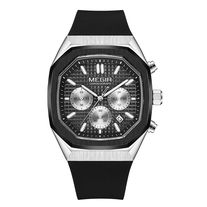 Megir heren waterdicht horloge met achthoekige wijzerplaat, chronograaf, quartz polshorloge met olijfgroene siliconen band, datumweergave en lichtgevende wijzers 2215: Rood