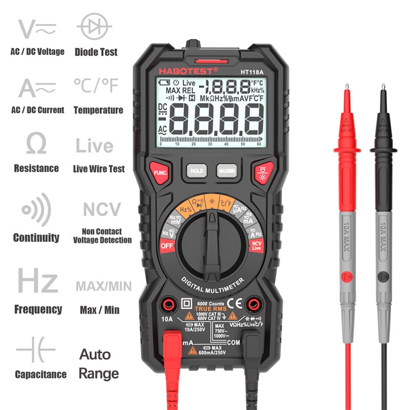 Habotest  ht118a digital multimeter tester sand rms bil multimeter auto rækkevidde 1000v ac dc spænding multi tester 6000 tæller