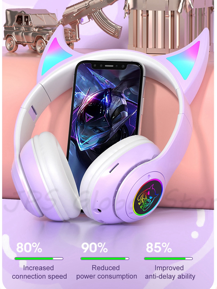 Purple Cute Headphones Gaming Cute Cat Ear Bluetooth Headphone Kid
