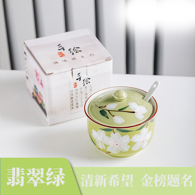 Tanque de condimentos de cerámica con forma de gato de dibujos animados japoneses, cuchara de cerámica, salero, tarro de especias, accesorios de cocina, caja: Green Flowers