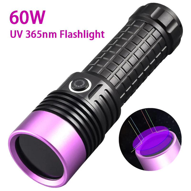 Kraftig 365nm uv-lommelykt svart speil lilla lys 60w fluorescerende oljeforurensningsdeteksjonslommelykt oppladbar 26650 lykter