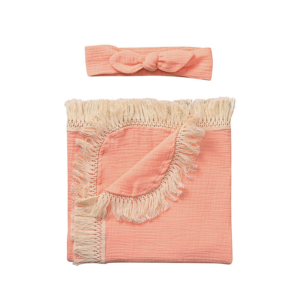 Couverture pour -né en mousseline unisexe, à franges, couleur unie, pour bébé, lange d'emmaillotage: Pink