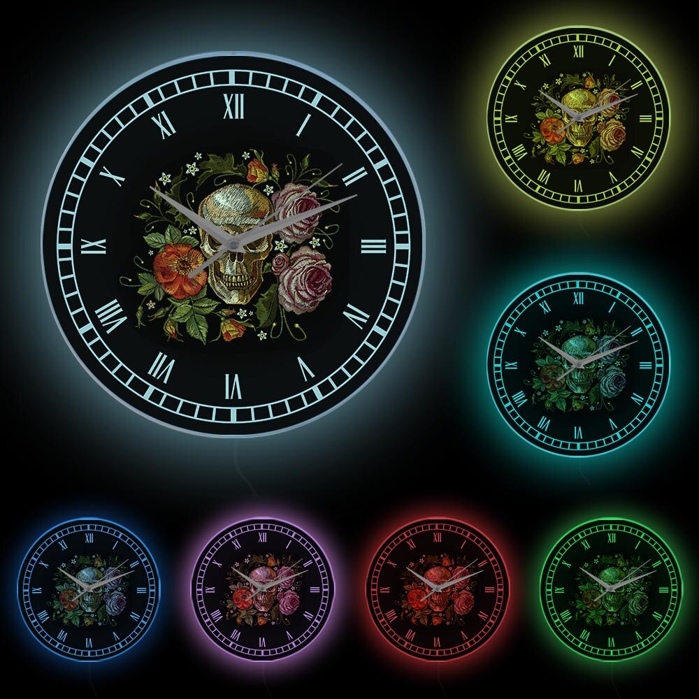 Tatovert hodeskalle roser veggklokke død ondskap drepe morder tatovering menneskelig kroppsdel skjelett bein vintage dekorativ klokke veggklokke: Hvit ramme med led