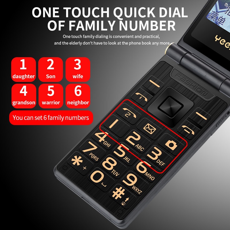 Klassisk flip mobiltelefon yeemi  m2- c dual sim 5900 mah ældre celle dobbelt display stor nøgle stor lyd gsm lædertaske lommelygte
