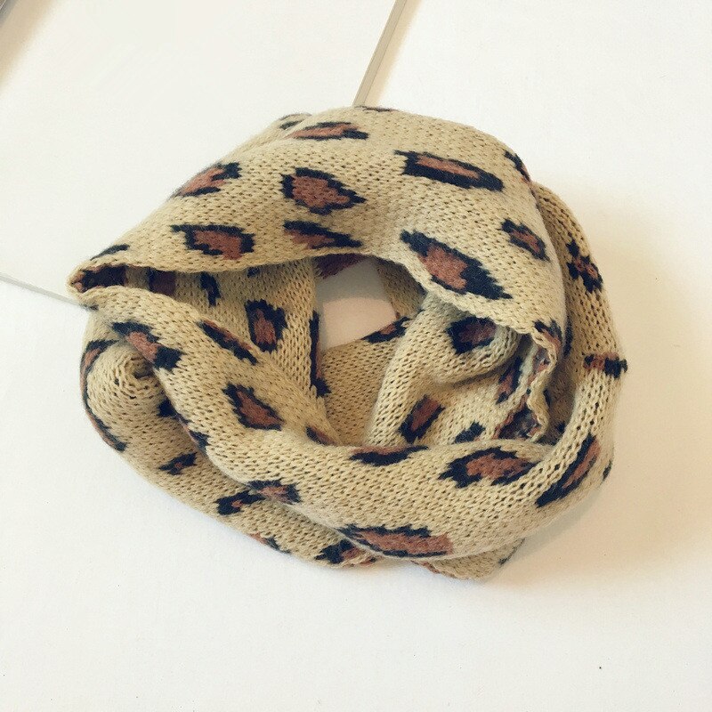 Efterår og vinter strikket børnetørklæde joker koreansk stil leopardprintet ring tørklæde til dreng og pige 16: Beige