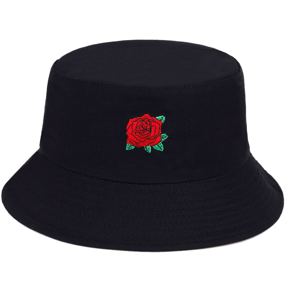 Rose embroidery Men Women Panama bucket hat summer outdoor sun hat fishing fisherman hat cotton wild panama hats gorras: Black