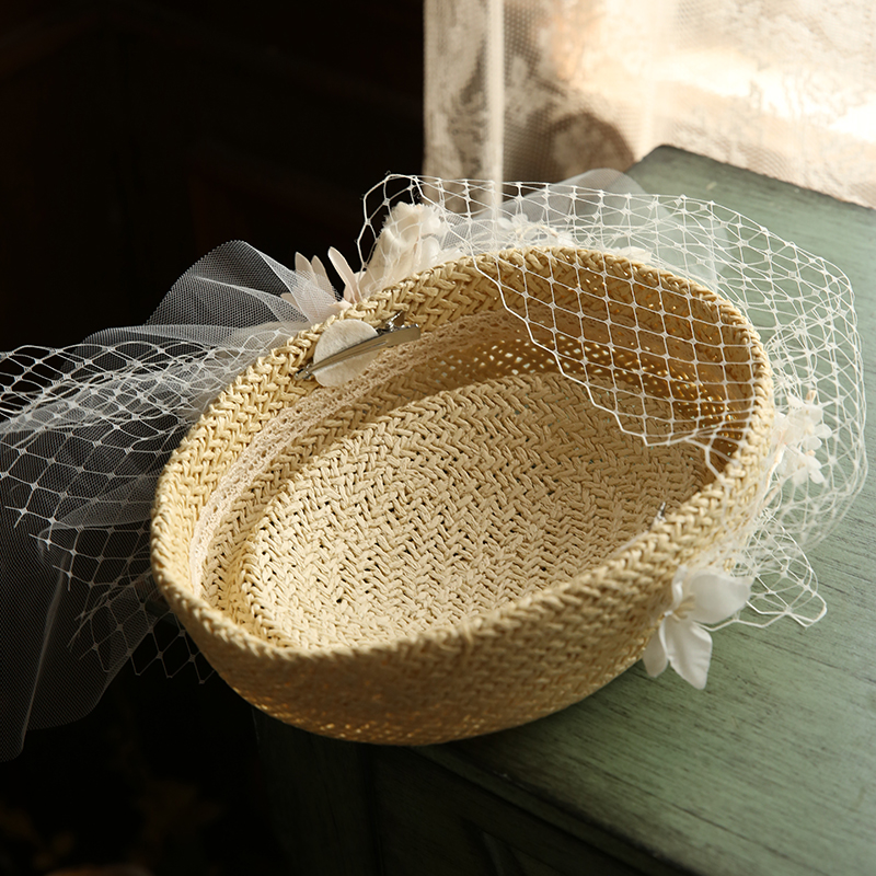 Mini sombrero de paja tocado hecho a mano, sombreros de primavera y verano, velo de flores, tocado de boda para damas, tocados para sesión de fotos,