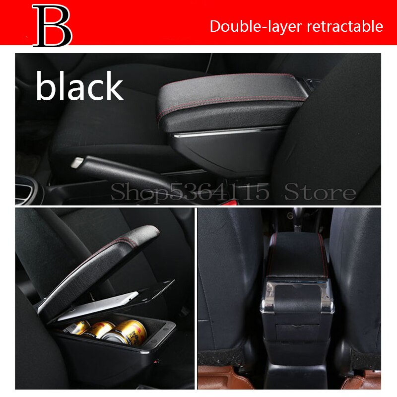 Accoudoir universel en cuir pu, boîte de rangement centrale, accessoires de style automobile, main courante rotative: B noir sans usb