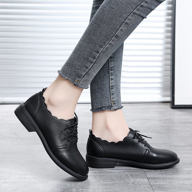 Spring Autumn Women's Oxford Shoes Black Lace Up Leather Shoes Wave Brogue Shoes Cross-tied Casual Shoes zapatos mujer 8812N