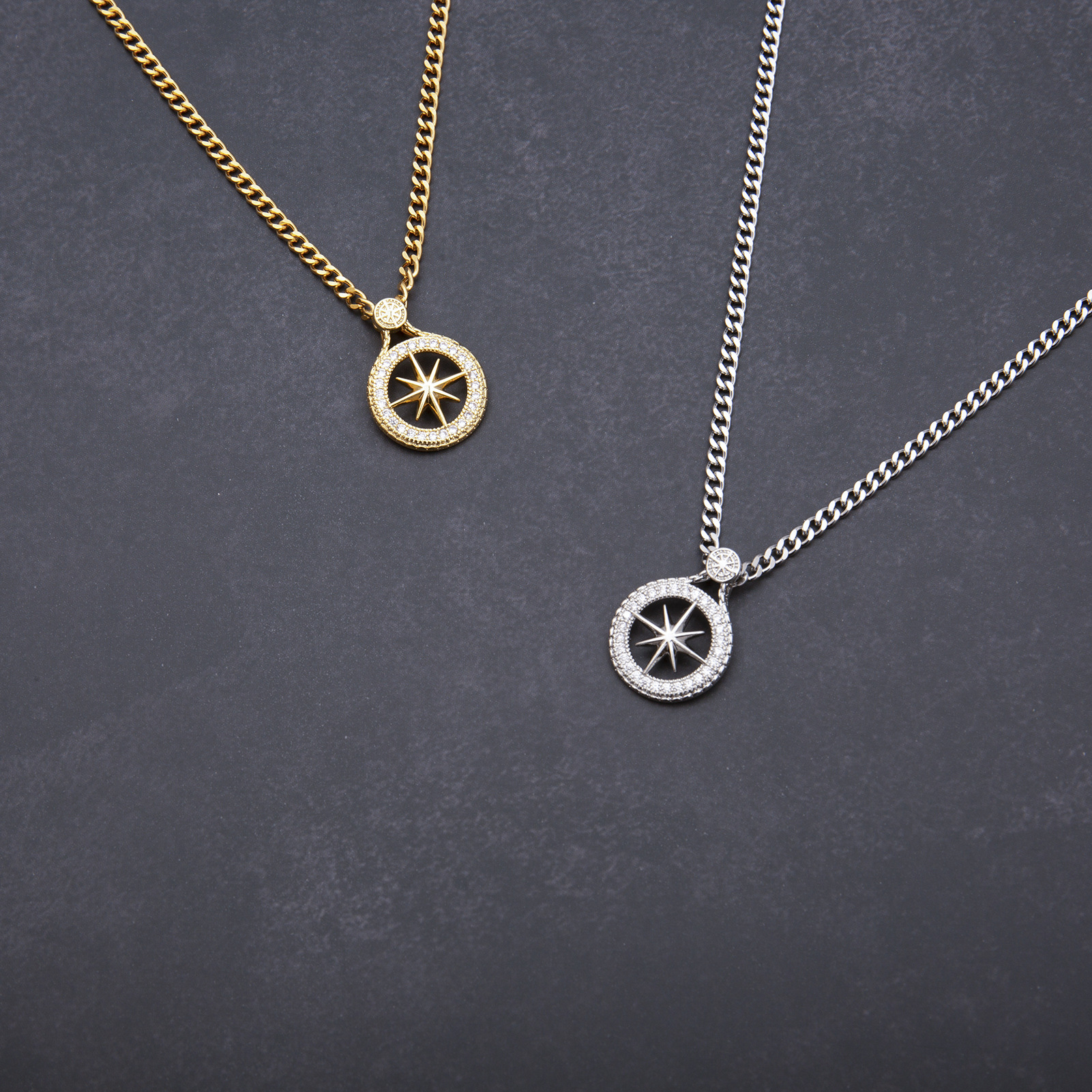 Cadena de acero de titanio chapada en oro de 18 quilates, collares de brújula CZ, joyería de hip hop SKZ, colgante de escenario, collar de circonia cúbica KPOP Merch