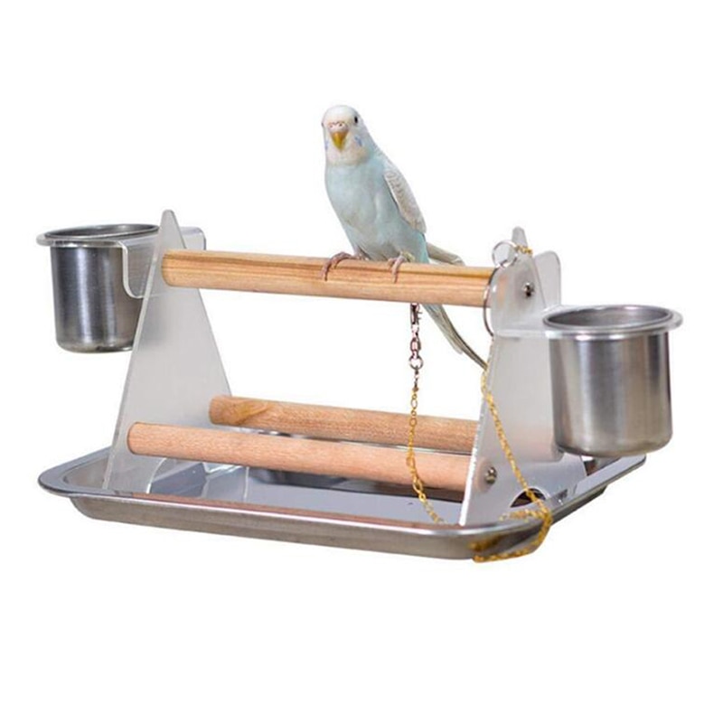 Nueva mascota pájaro Rack loros formación de madera juego de pie y bandeja de acero inoxidable aves cómodo pájaro de juguete Accesorios