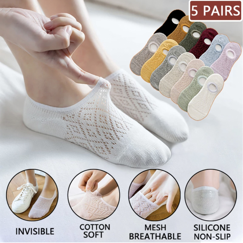 5 Pairs Women Silicone Non-slip Invisible Socks Summer Solid Color Mesh Ankle Boat Socks Female Cotton Slipper No show Socks