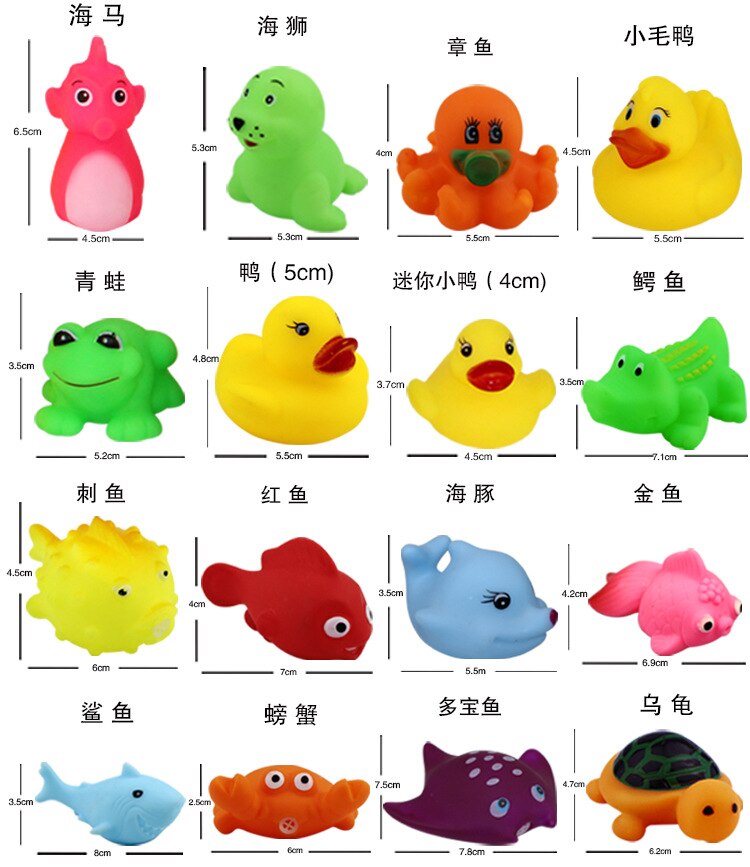 13 stk søde dyr svømning vandlegetøj farverige bløde gummi flyde klemme lyd knirkende badelegetøj til baby børn badelegetøj