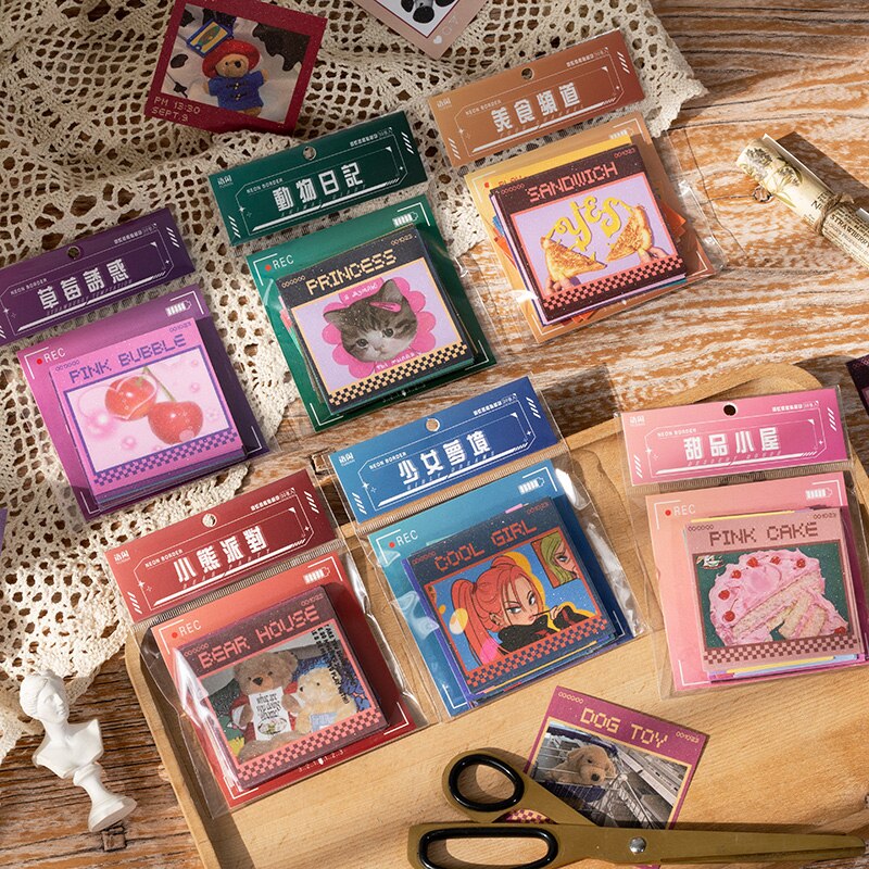 30PCS Pink Neon Border Series Stickers DIY Scrapbook Collage Phone Diary Album Happy Plan Seal Decoration