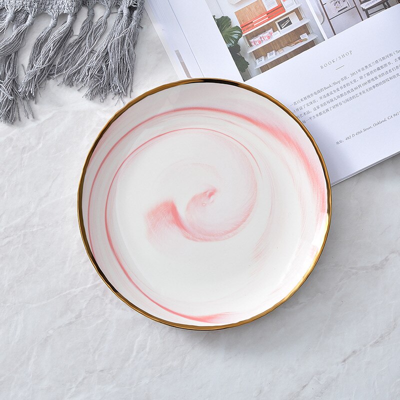 Scandinavische stijl keramische bord kom schotel keramische westerse plaat marmer dagelijks bord servies vee drainage fruitschaal: 8 inch roze