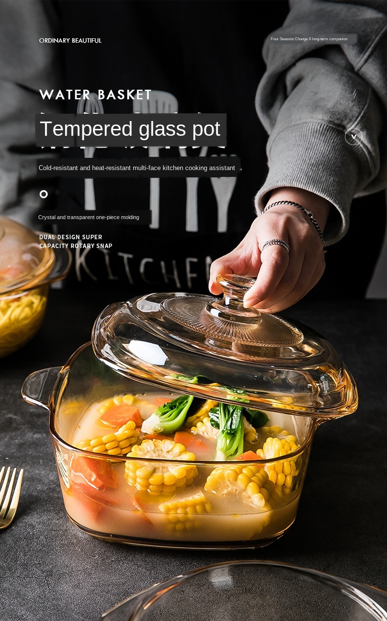 Material förtjockad fast värmebeständig härdat glasgryta med lock lämplig för kallt och transparent kökshushåll