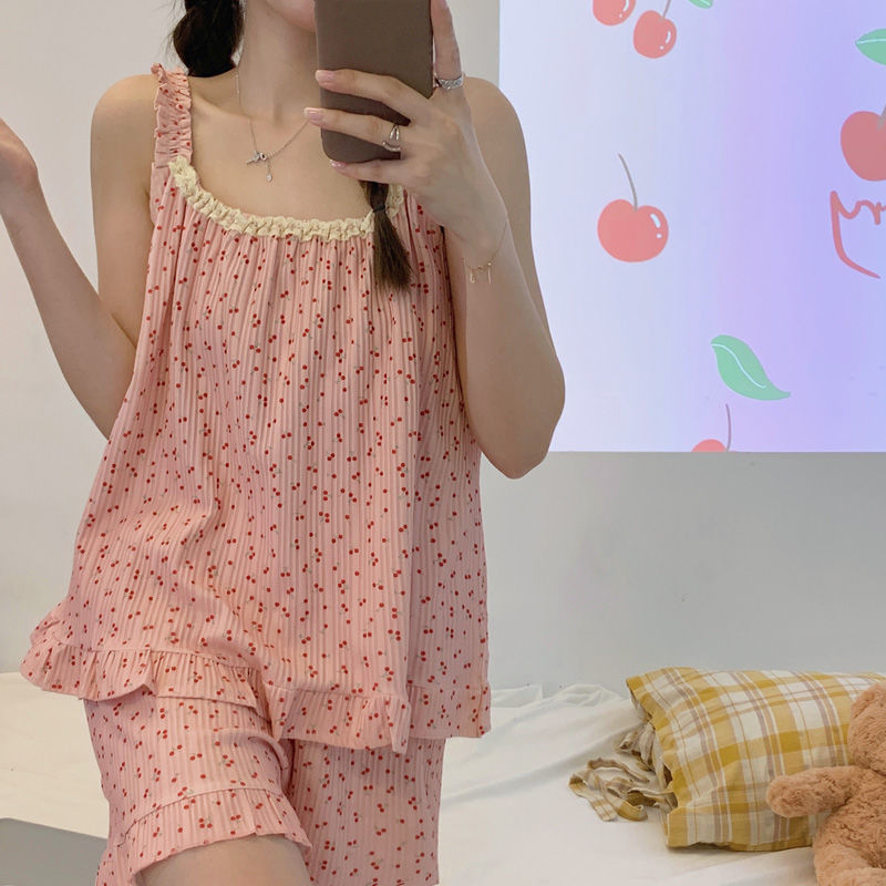 Damepyjamas loungewear damestrømpeholder forår sommer tynd ærmeløs vest koreansk blomstret sød pyjamas loungewear sæt: Xl / Lyserød
