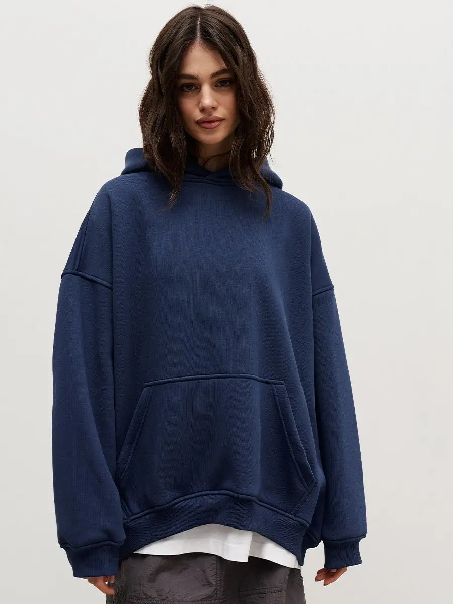 Bornladies store hettegensere og gensere for kvinner høst vinter tykke varme fleecegensere jenter streetwear løs genser: S / Marineblå
