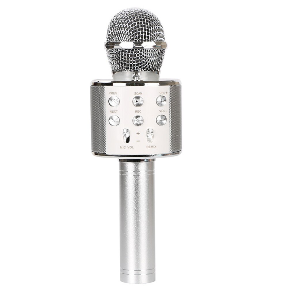 WS858 Bluetooth Karaoke Wireless Microphone Speaker Handheld Condenser Microphone Player Singing Recorder Mic LED: Silver