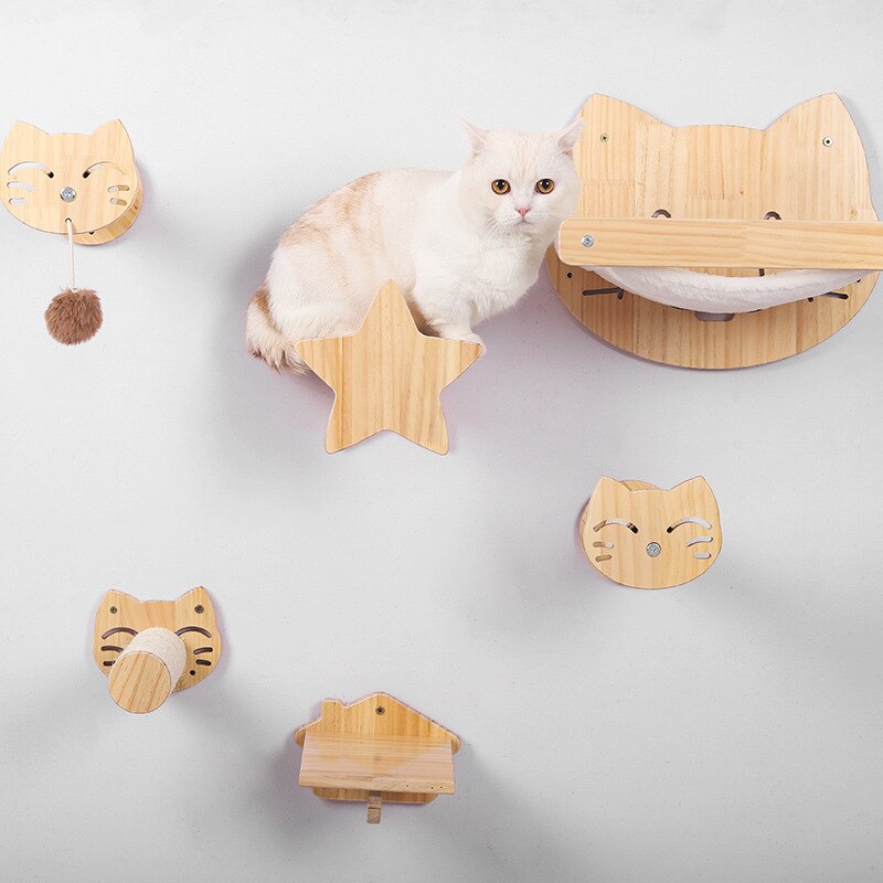 Solid Wood DIY Cat Climbing Frame Cat Wall Hanging Cat Nest Grab Column Cat Hammock Stair Room Cat Hanging Ball Toy