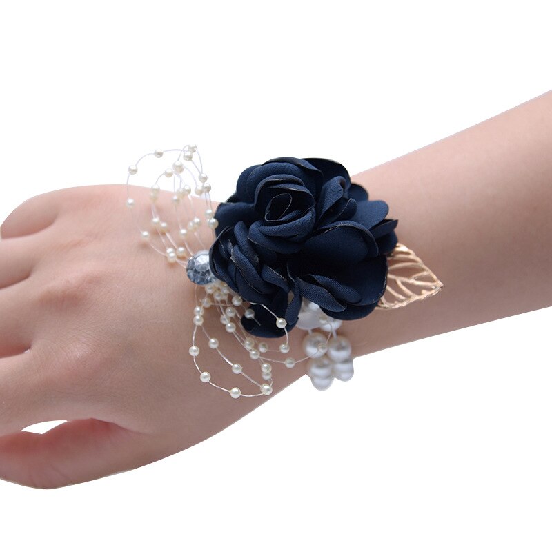 Stof Rose Bloem Hoofd Wedding Bridal Pols Corsage met Parel Accessoire Bruidsmeisje Corsage Armband Party Decoratie Armband: Deep-blue