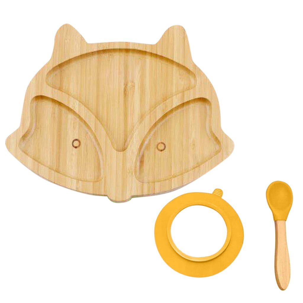 Assiette de mouton en bambou pour bébé, bol d'alimentation à aspiration en Silicone, ensemble de cuillère à succion, bol de renard , vaisselle, outils de cuisine: OR