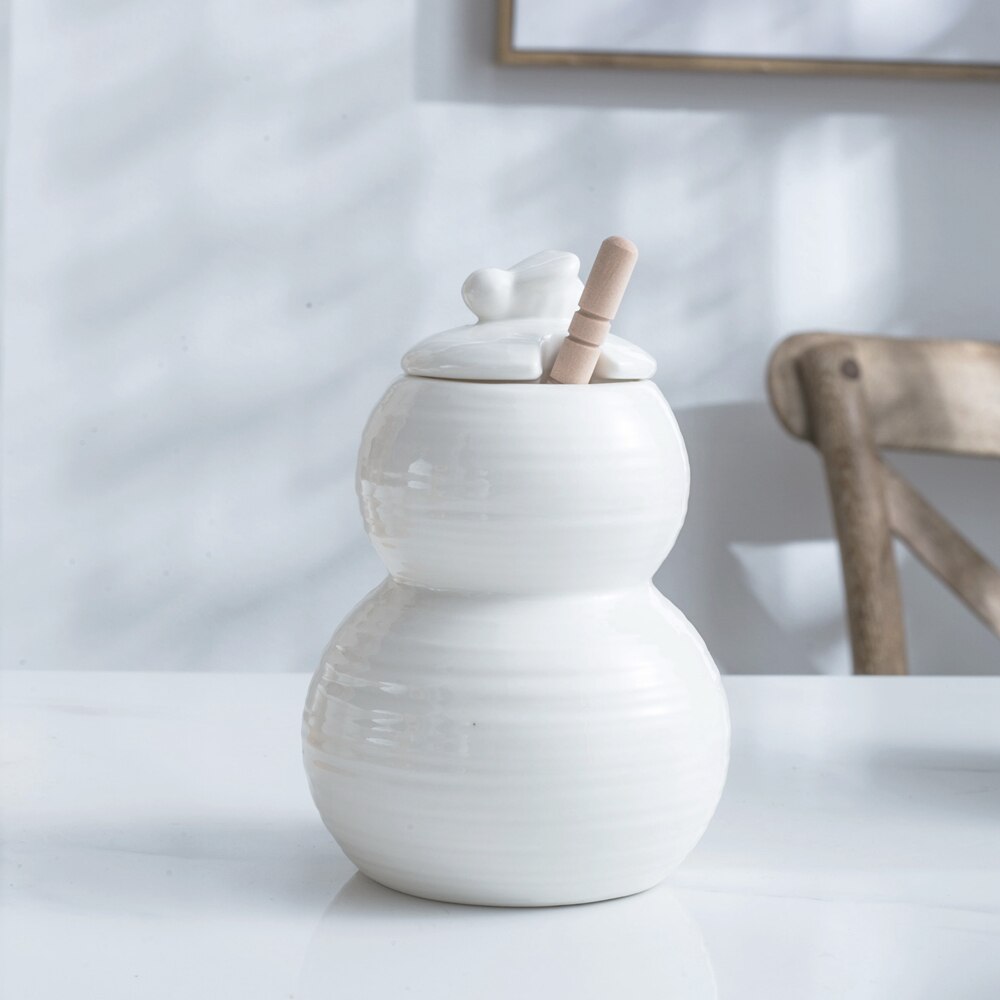 Tarro de miel de porcelana de abeja, con tapa y palillo de miel, 12oz, bote de cerámica de Color blanco para miel, olla para almacenar miel de abeja