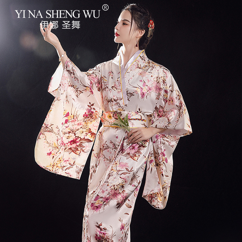 Kimono japonés Sexy para mujer, traje de Cosplay tradicional, de satén Floral, talla única, Yukata con Obi, novedad