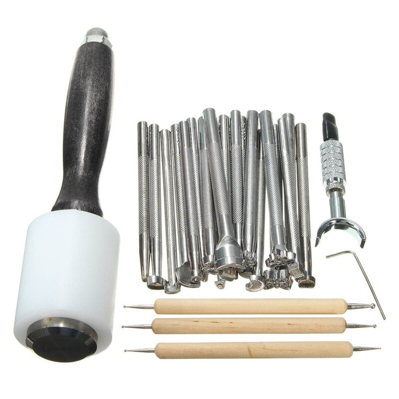 25 st läder präglingsverktyg manuell hantverkssats kit olika form stämplar set sadel gör diy punch trä hammare fasning