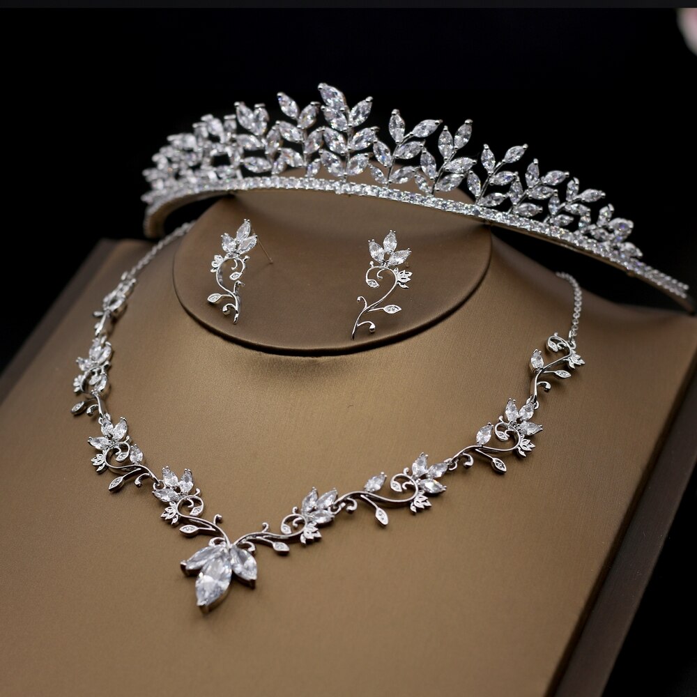 3 Stck Zirkonia Schmuck einstellen Marquise schneiden Zirkon Anlage Prinzessin Hochzeit Tiara Krone Frauen Halsketten Ohrringe