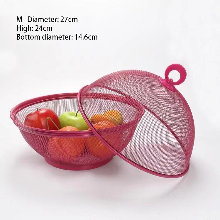 Metalen fruitmand met deksel, roestvrijstalen keukenafvoermand, snackgroentemand: 27cm rozenroze