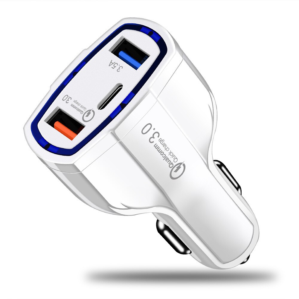 Cargador USB para coche, dispositivo de carga rápida PD 3,0, 2 puertos USB, encendedor de cigarrillos para iphone X, Huawei Mate 20, P30, Xiaomi 9: White